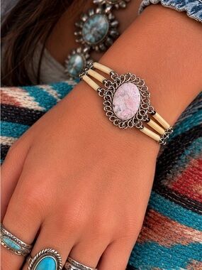 Delicate Pink Stone Filigree Bracelet - Women Jewelry